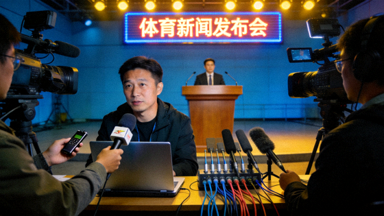 体育新闻发布现场的记者与摄像机设备
